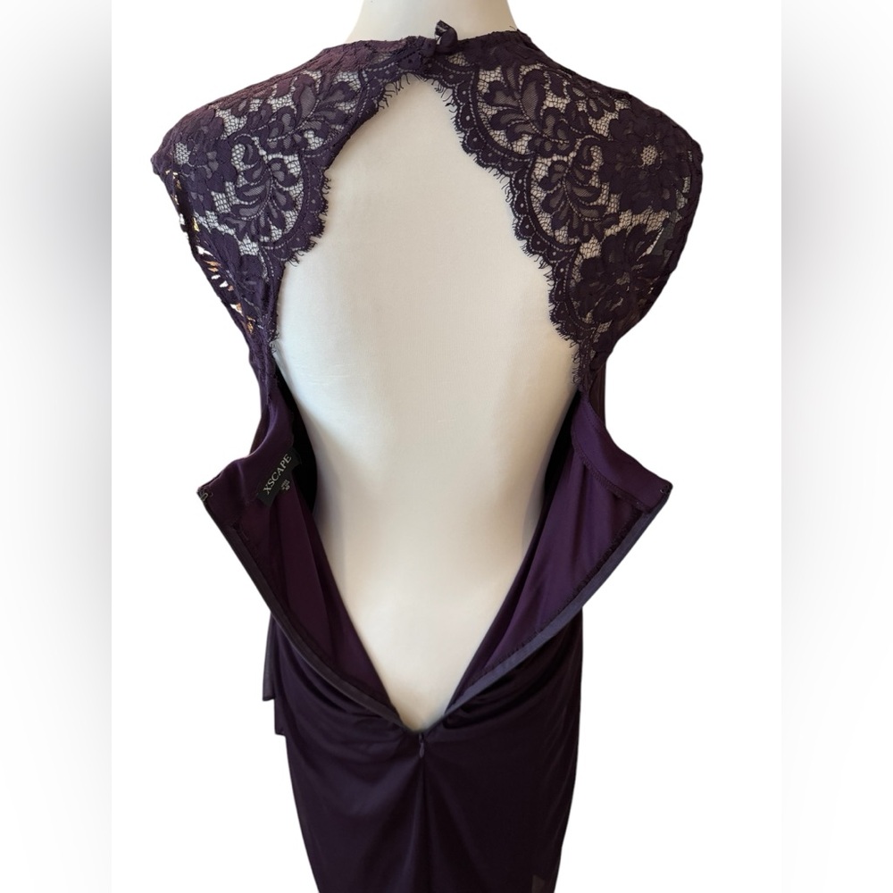 Xscape Ruched Dress Purple Size 10 lace cap sleeve fully lined drape chest - Picture 10 of 12